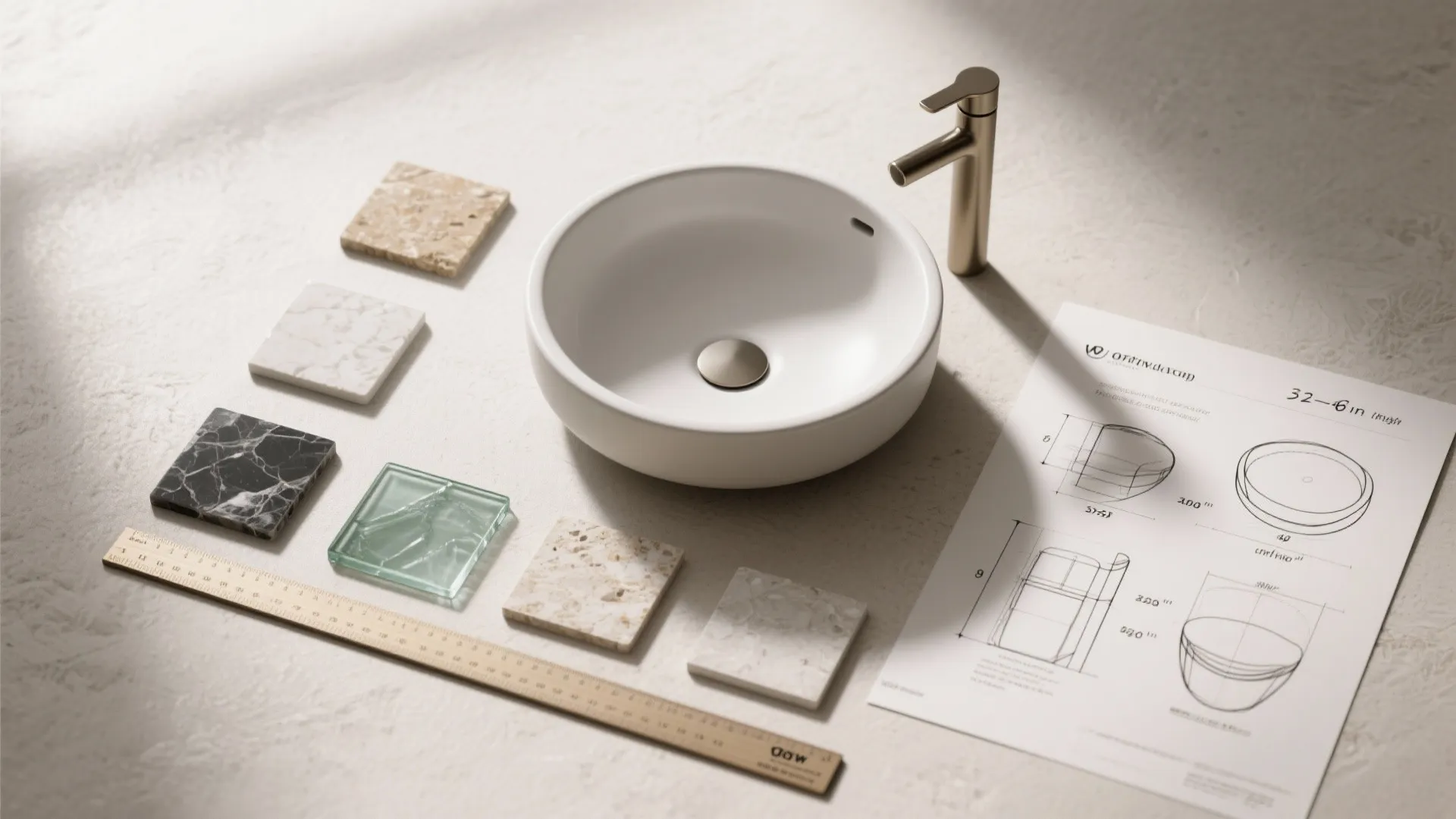 Flatlay of vessel sink material samples, sketches of sink heights, and faucet placement diagrams for small bathrooms.