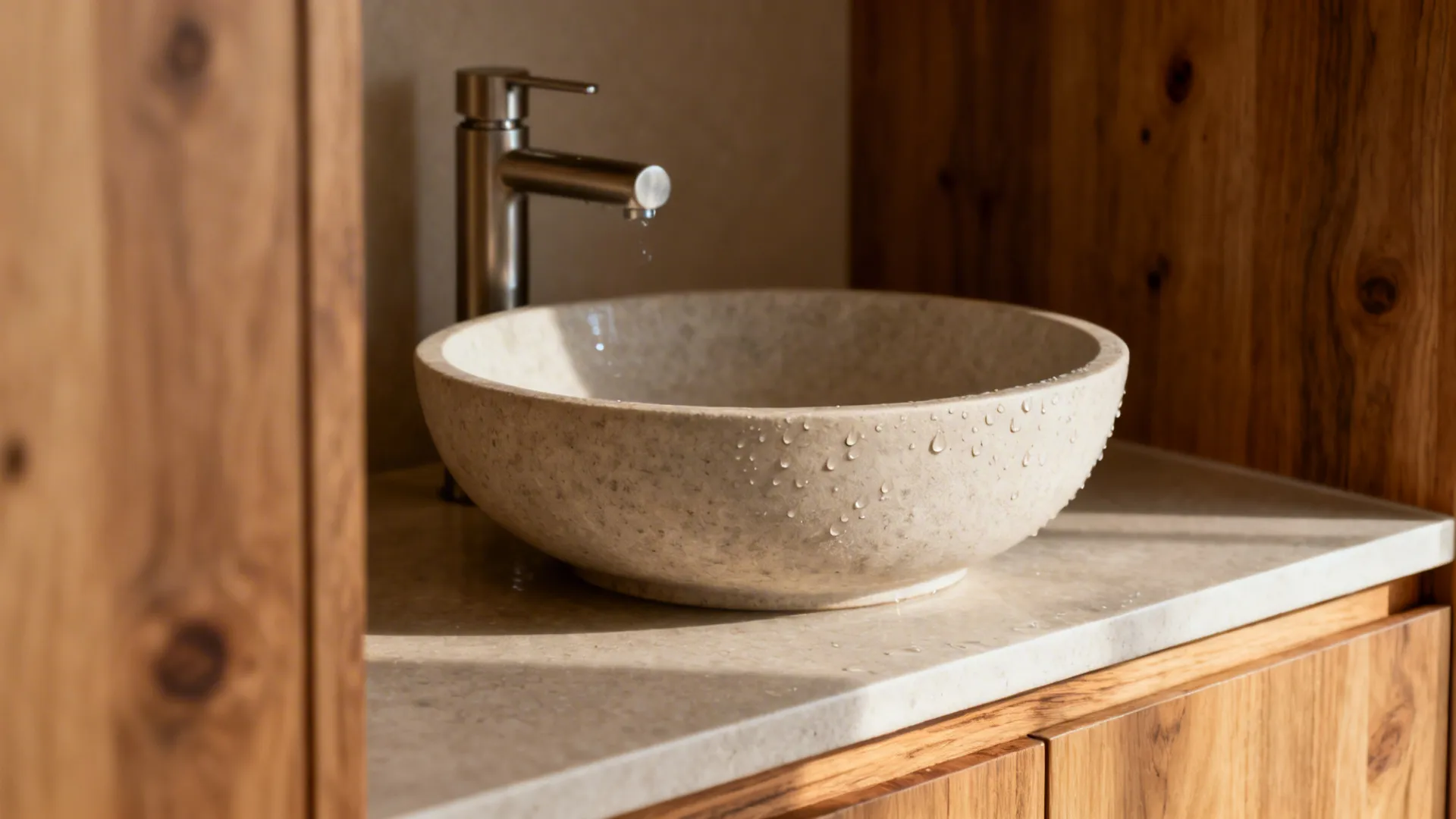 Macro of a vessel basin on a sealed top, showing rim alignment and protected wood edge.