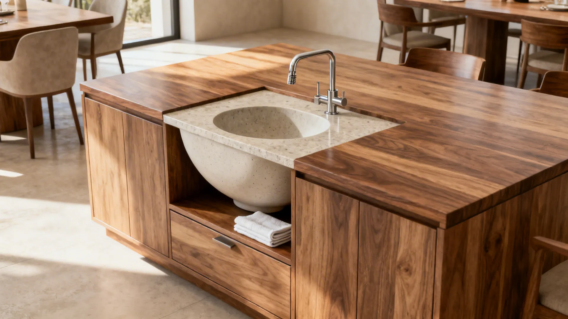 Dining room sideboard with a sculptural vessel basin integrated into a niche, matching furniture tones.