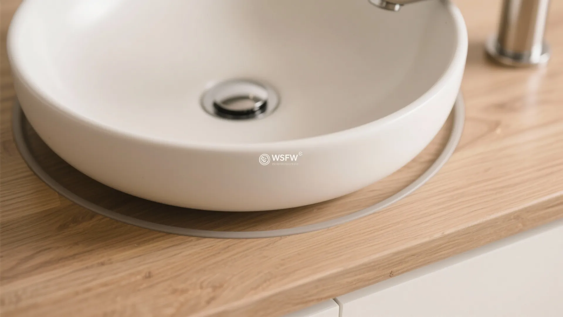 Close-up view of a white round sink bowl sitting on a natural wood bathroom countertop surface