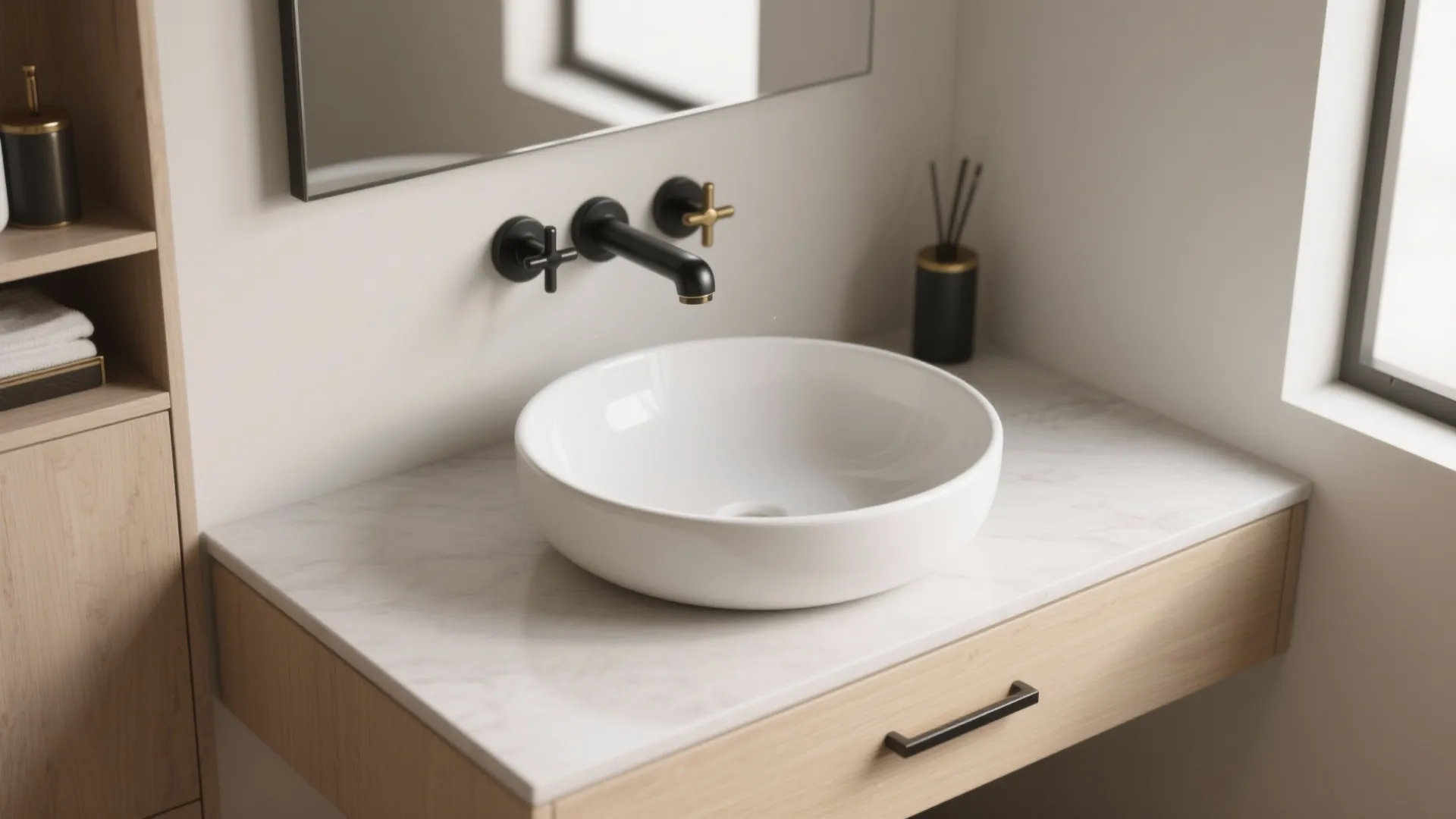 White round sink on marble counter with black wall tap wooden drawer and mirror reflection light