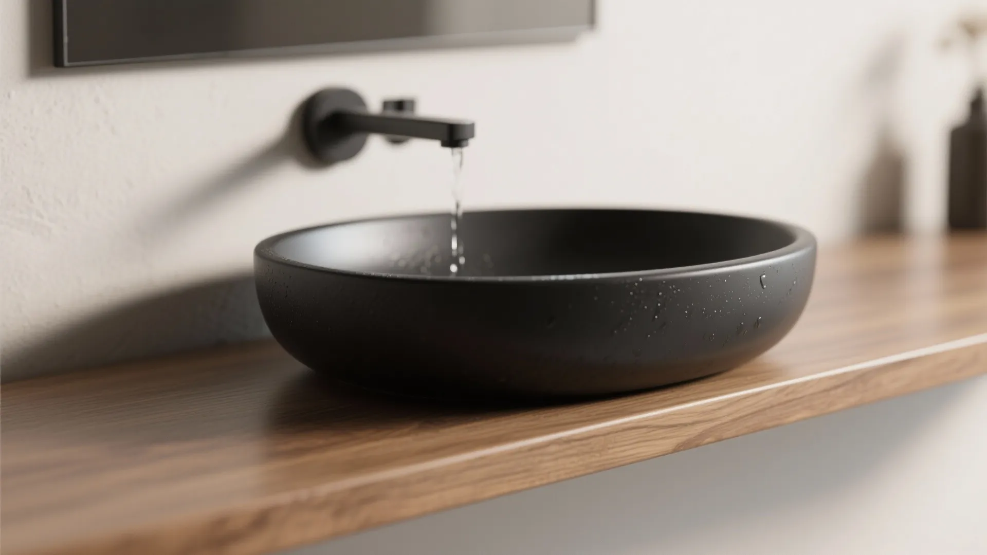 1. Matte Black Vessel on a Floating Wood Shelf