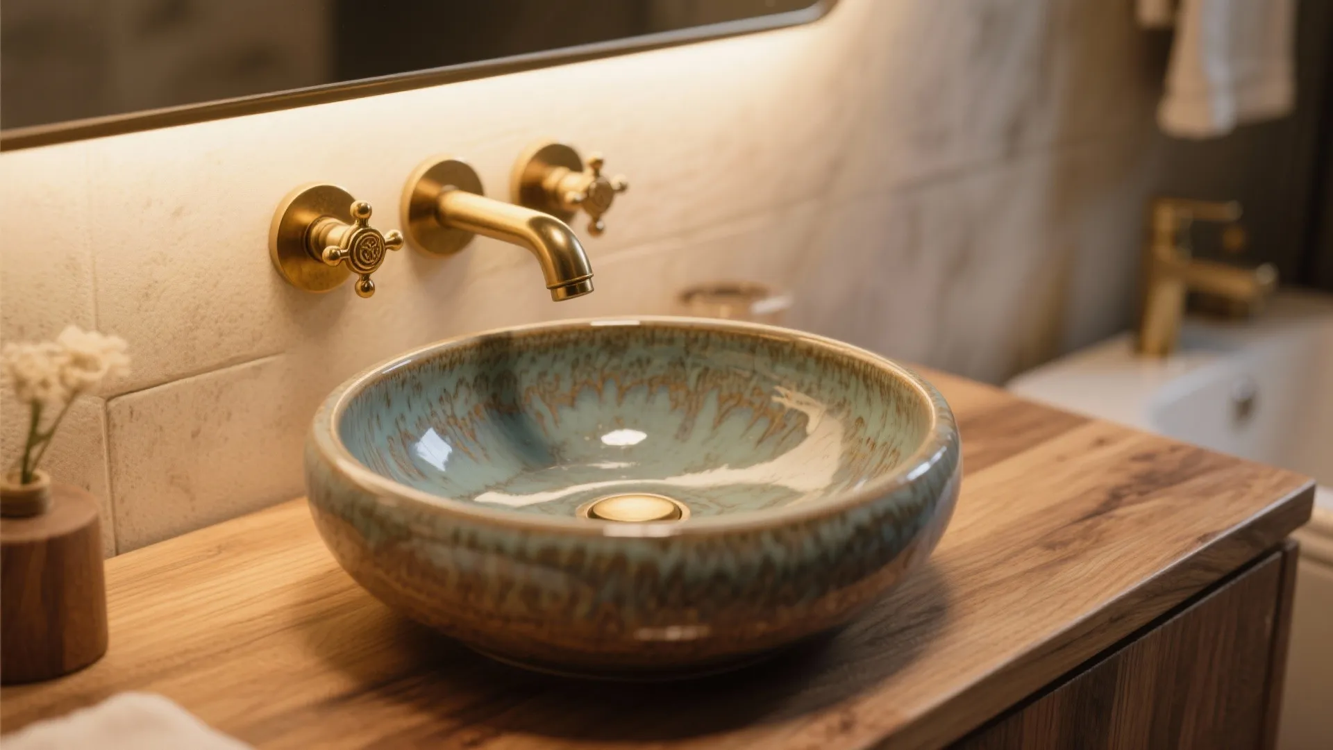 Close up of a blue ceramic bowl sink on wood cabinet with gold water faucet