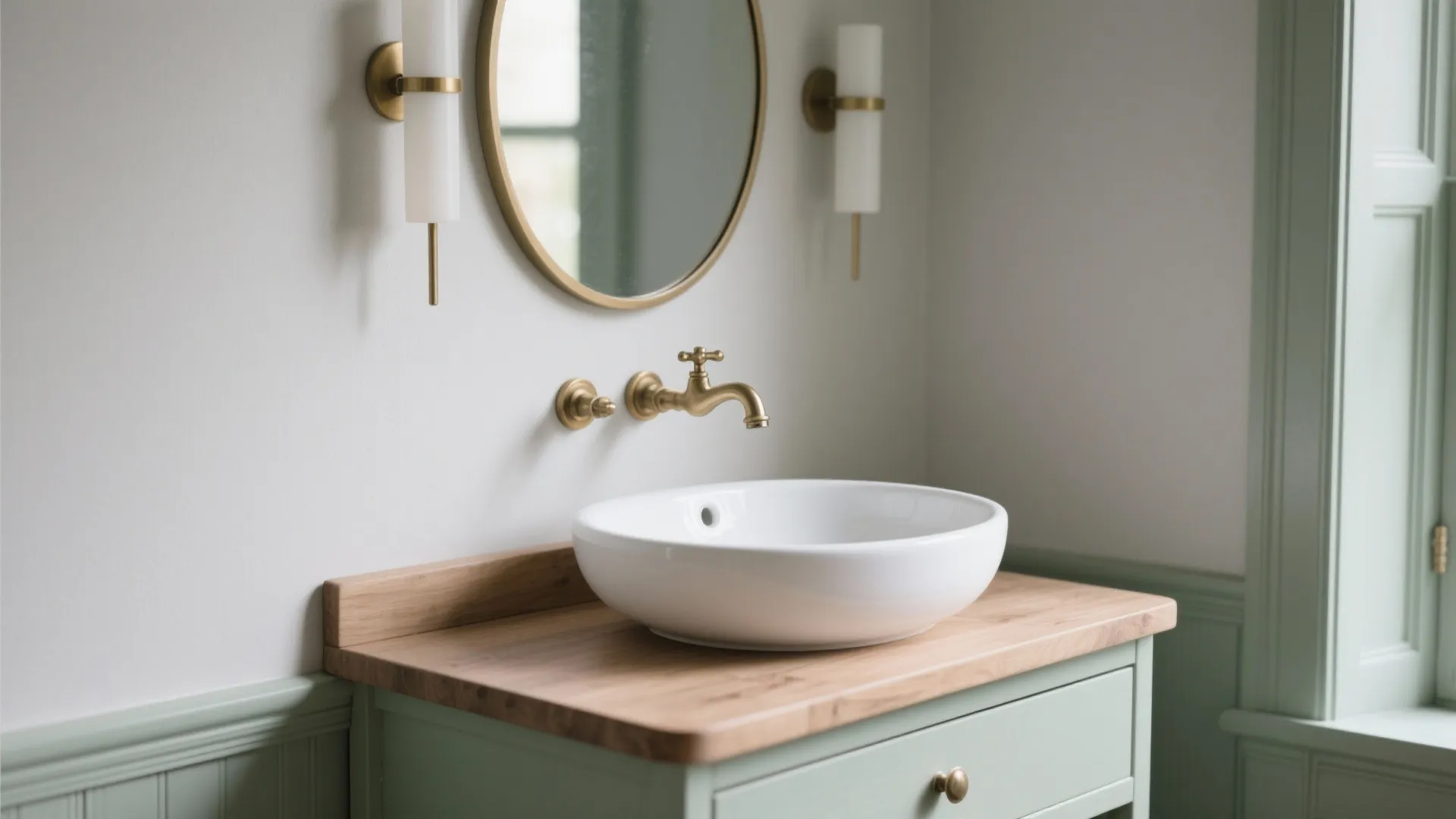 White bowl sink on wood counter green cabinet gold tap round mirror and wall light