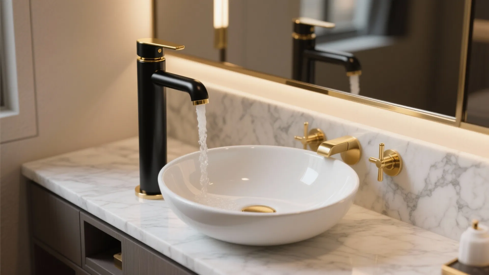Tall black gold water tap pouring water into white bowl sink on marble bathroom counter