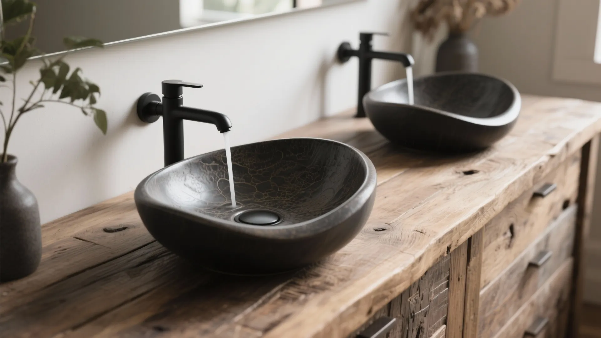 Two dark stone bowl sinks on a rustic wood cabinet with black wall mounted faucets