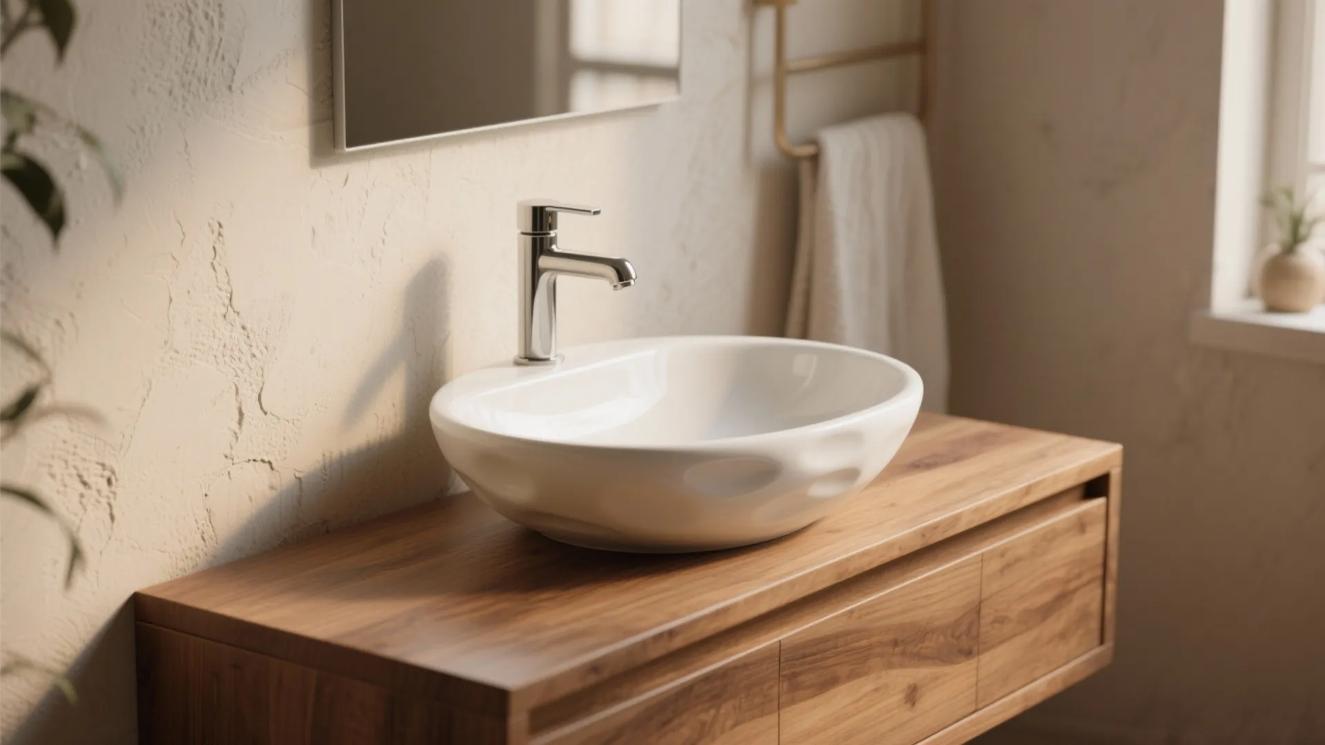 3. Vessel white porcelain sink on a wooden console