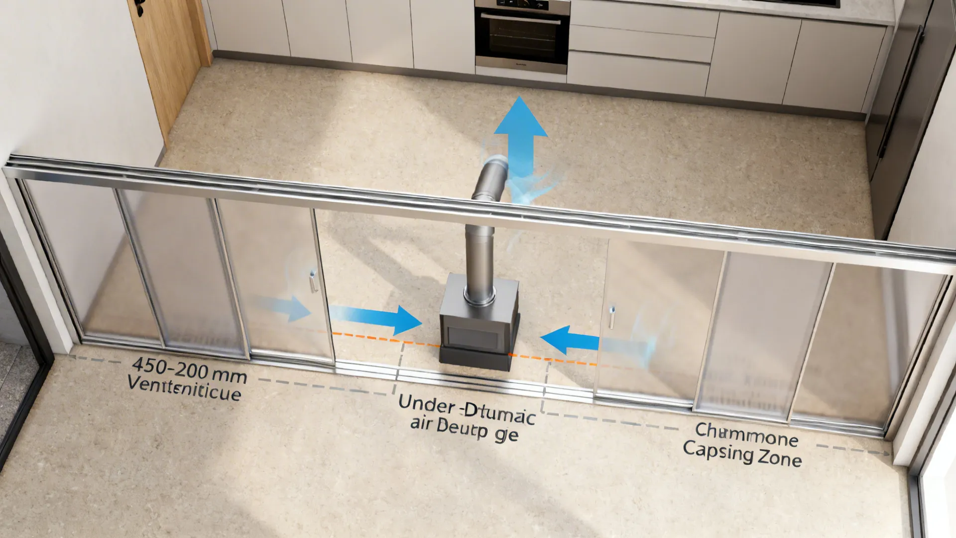 Top-down diagram showing airflow through a shallow vestibule with make-up air gap and chimney capture.