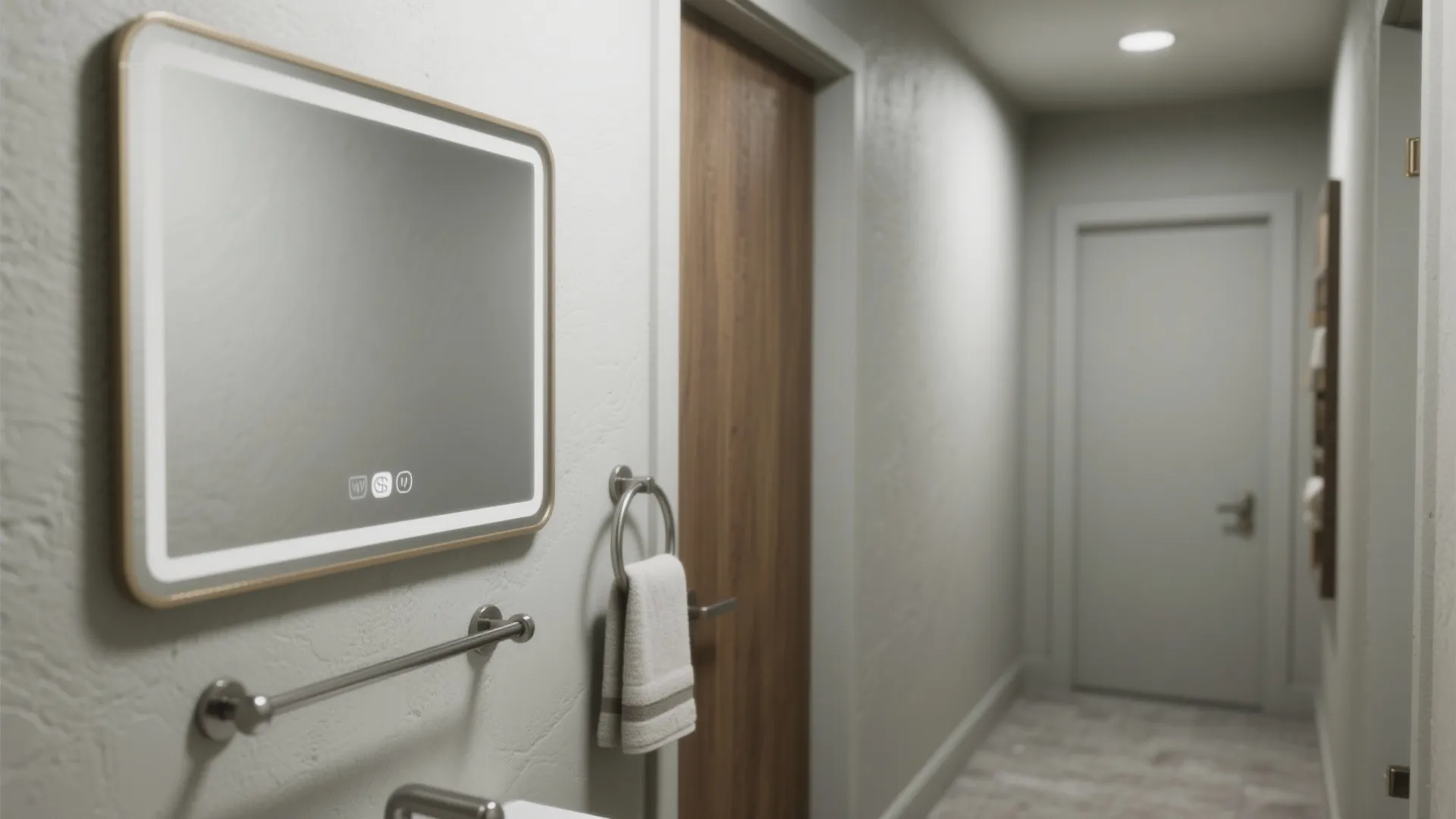 Modern lighted mirror on a textured wall next to a towel ring in a hallway