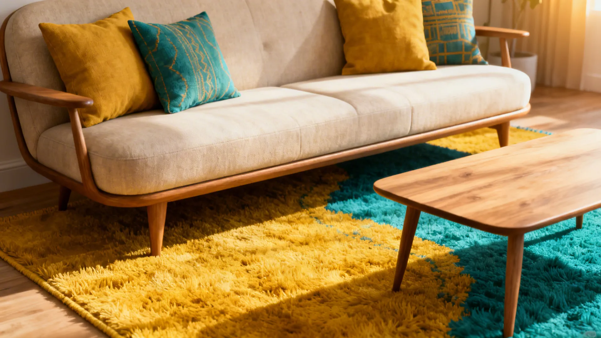 Mustard and teal accent rug bringing color to a mid century sofa with coordinated pillows.
