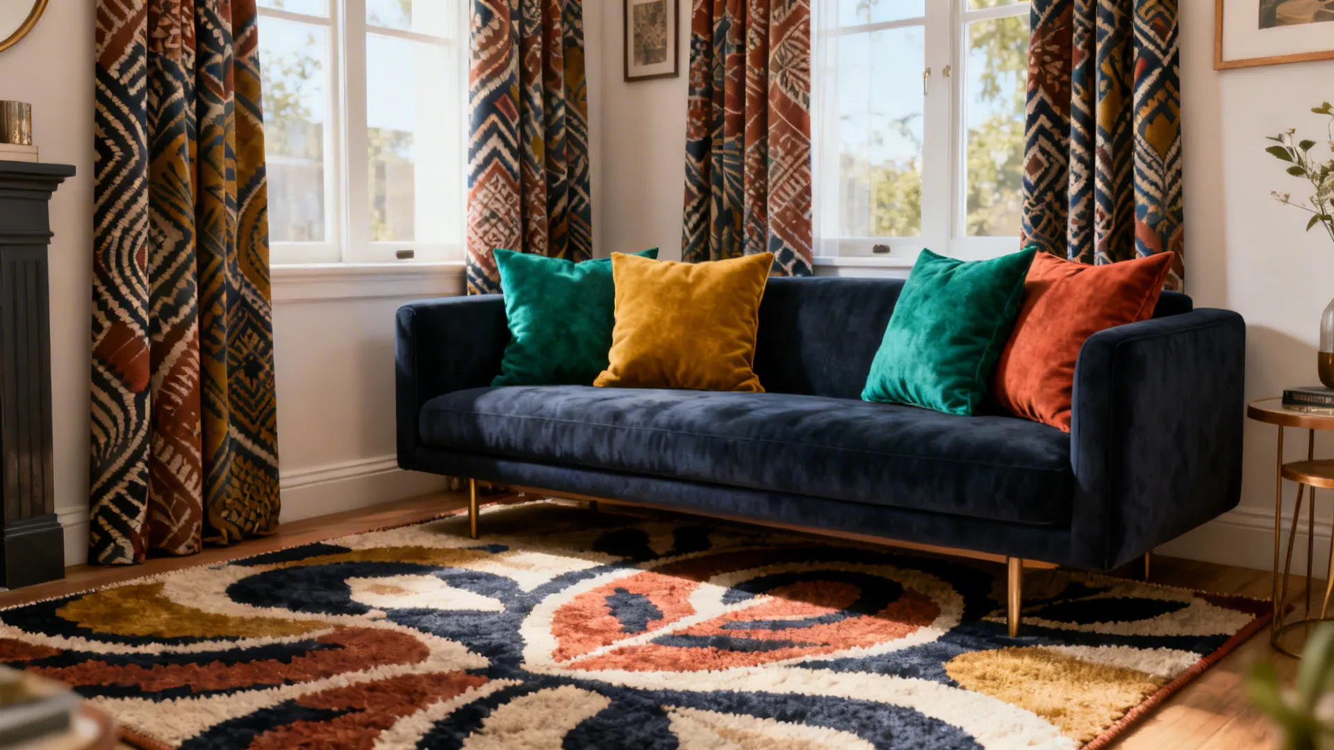 Small eclectic living room with a navy loveseat, jewel-toned pillows and a bold patterned rug.