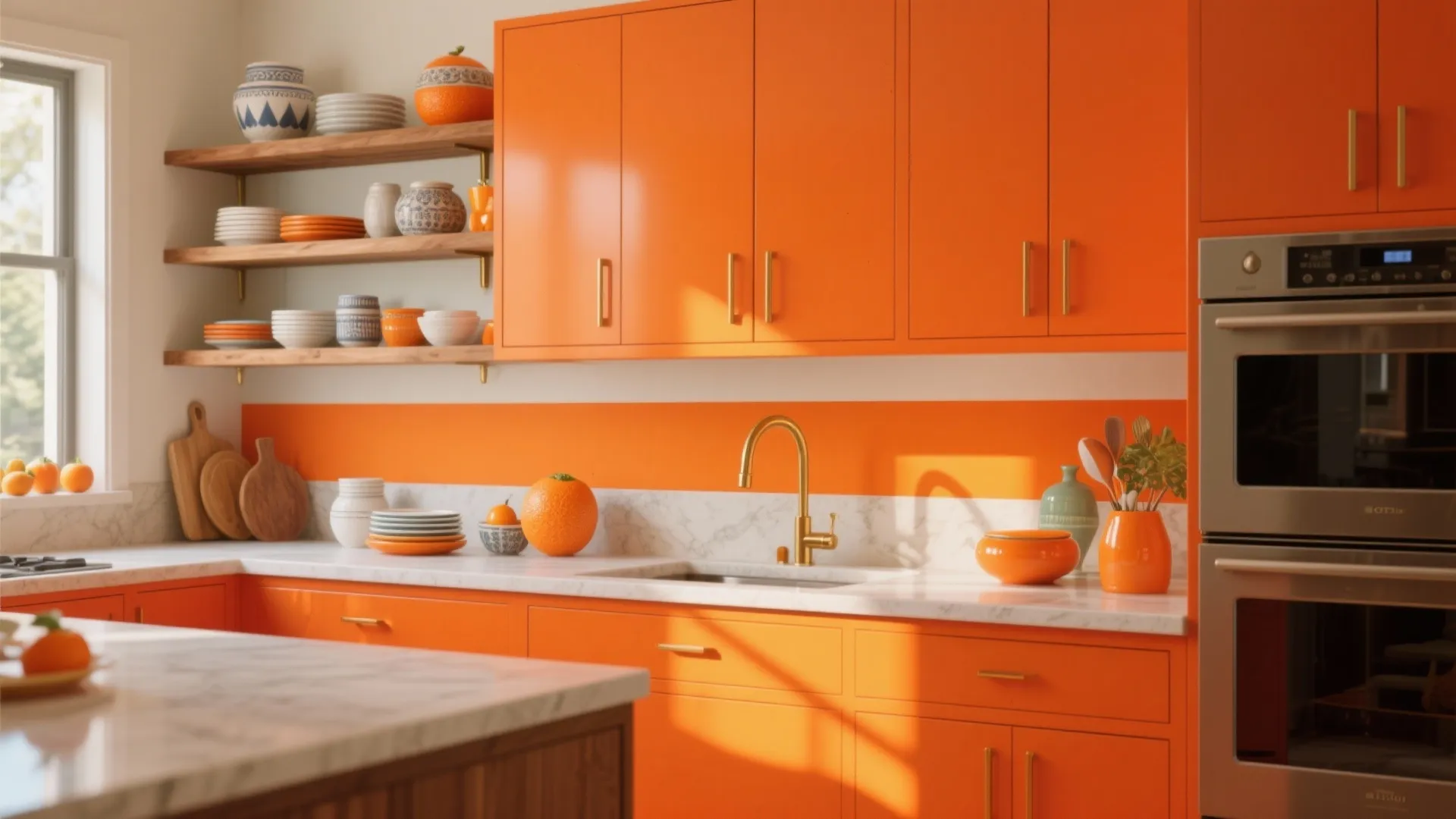 Bright orange kitchen cabinets with gold handles, white marble countertop, gold faucet, and open shelves