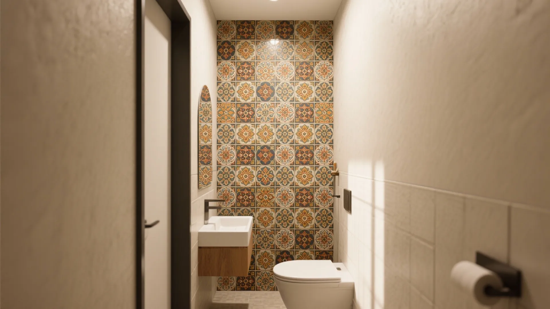 Small bathroom featuring a vibrant orange and blue patterned tile wall with white toilet and sink