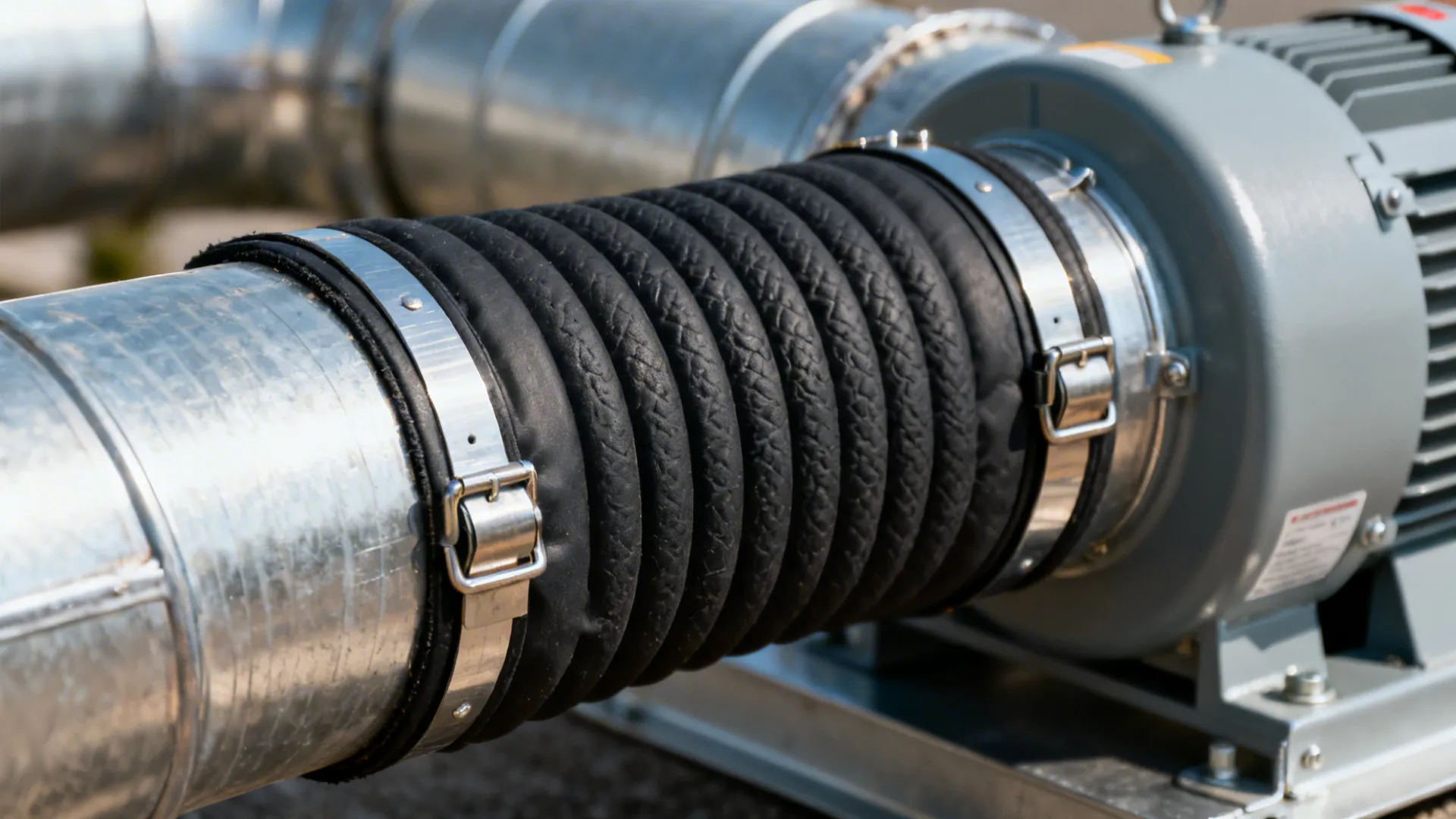 Macro of a flexible vibration isolator coupling installed on rigid ducting.