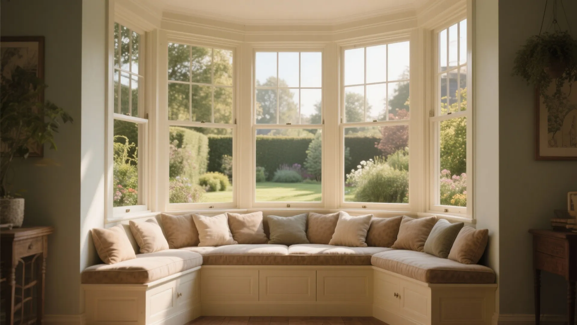 Bright window seating area with soft cushions looking out to a green garden landscape view