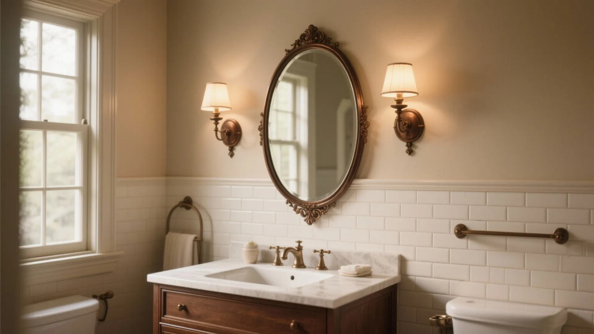 Classic bathroom design with marble countertop sink oval mirror wall lights and white tile walls
