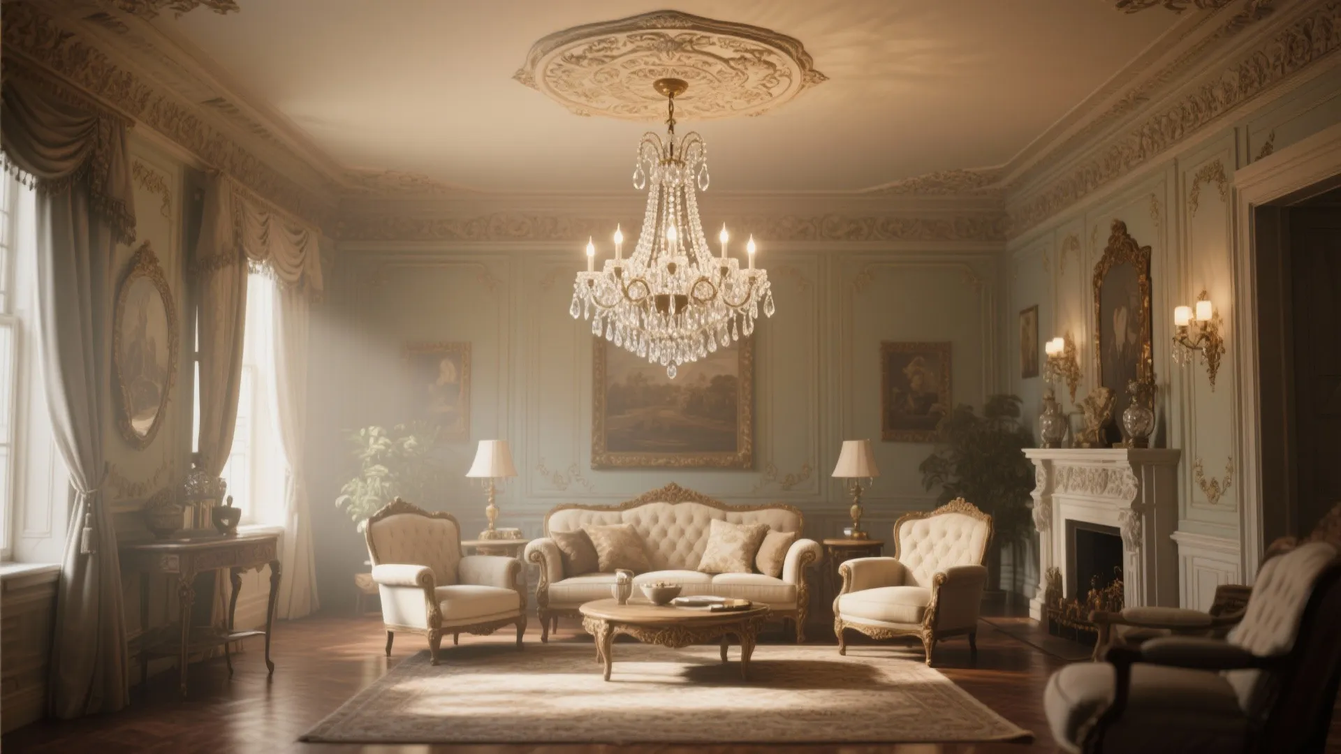 Classic living room featuring crystal ceiling light elegant white sofa fireplace and large window view