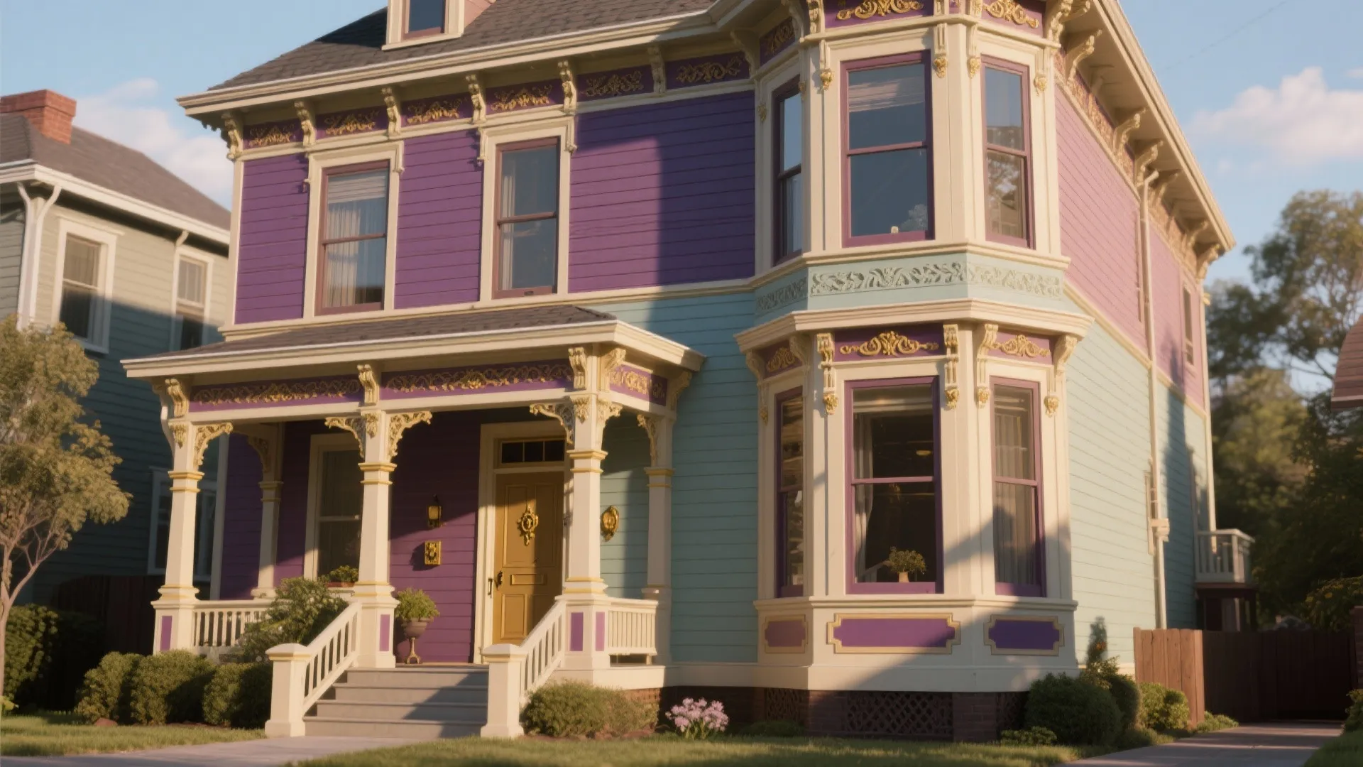 Two story house with purple and blue walls plus a yellow front door and porch