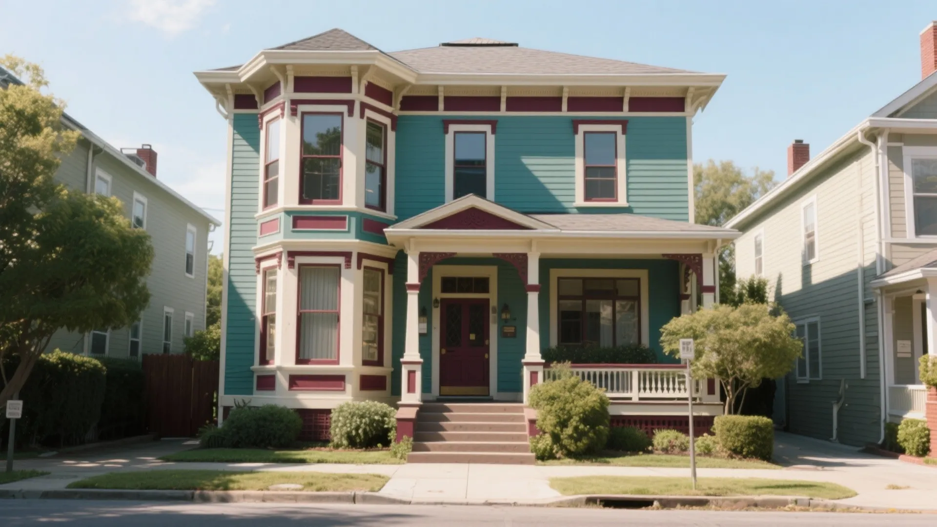 Two story house with teal siding white trim purple door front porch and green bushes