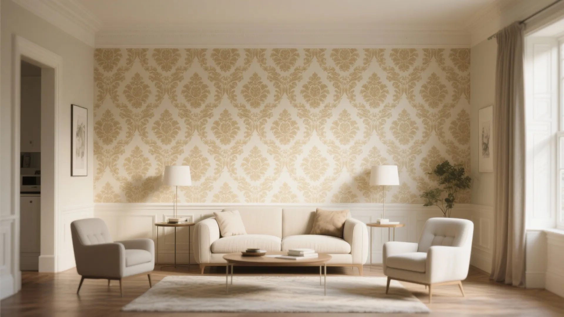 Elegant living room featuring patterned wall panel cream sofa white armchairs and soft natural lighting