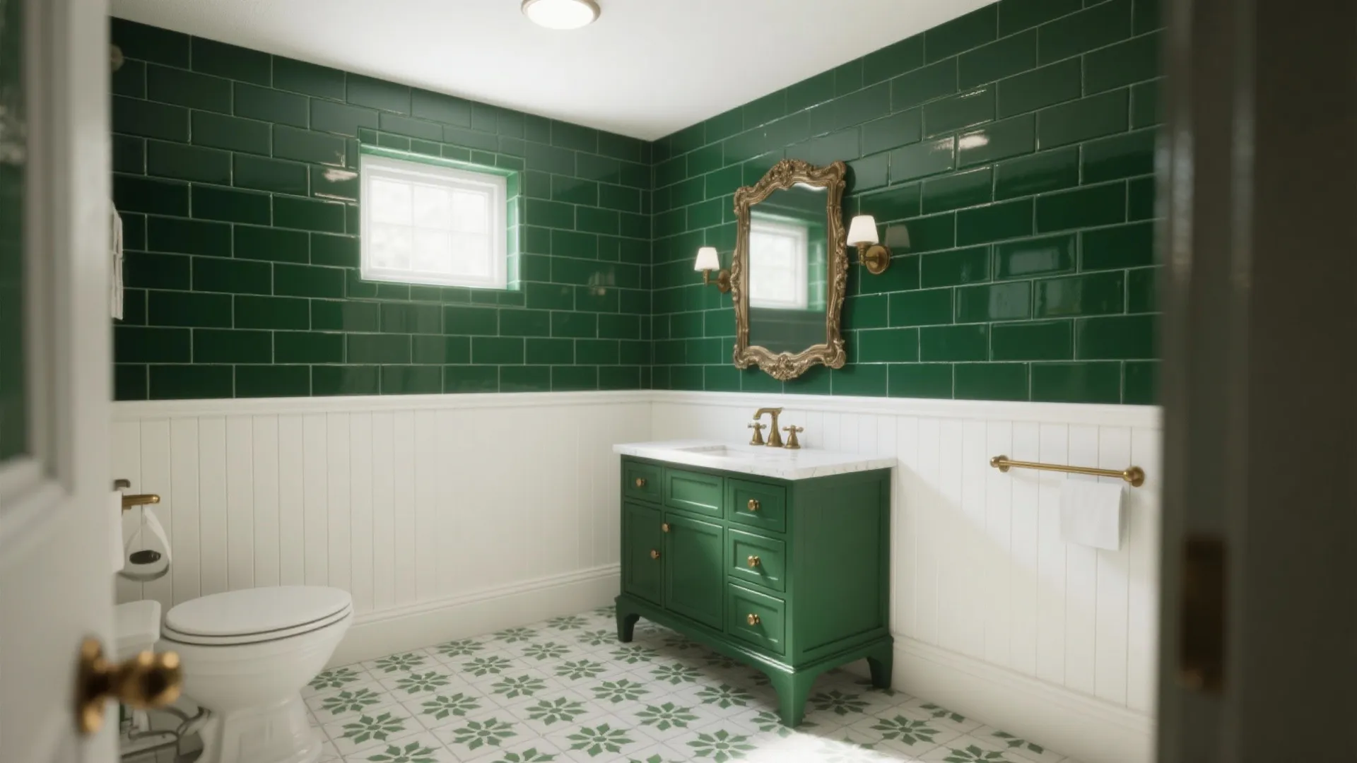 Bathroom interior featuring dark green wall tiles white wall panel green cabinet and patterned floor