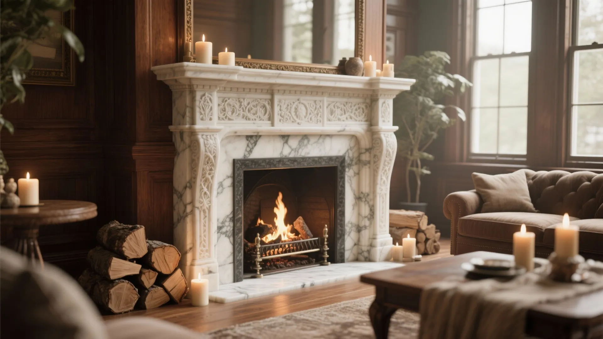 Marble fireplace with burning wood inside brown sofa candles coffee table and dark wood wall panel