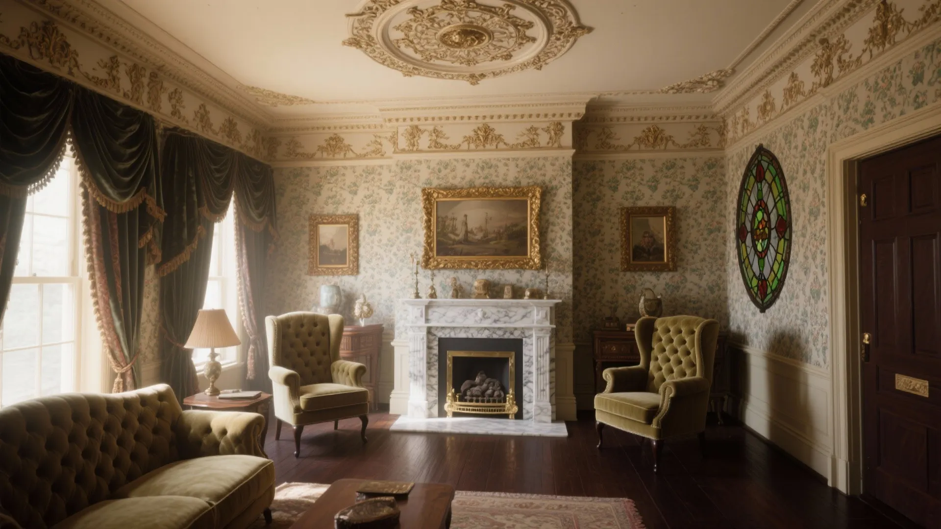 Victorian living room with green armchairs a white marble fireplace floral wallpaper and gold frames