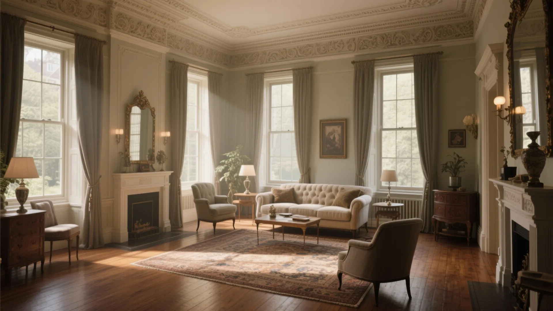 Elegant living room with beige sofa green walls wooden floor large windows and white wall panel