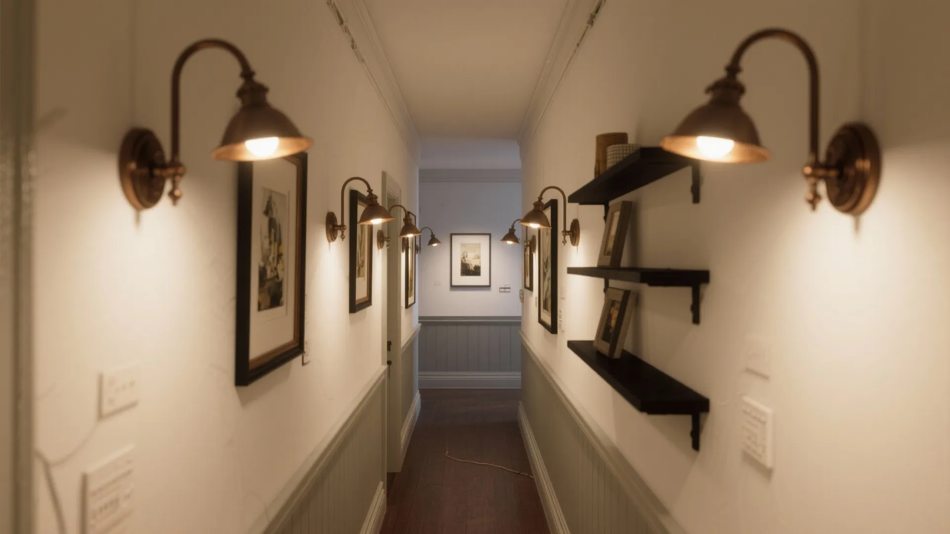 Painted metal picture lights over art and shelving