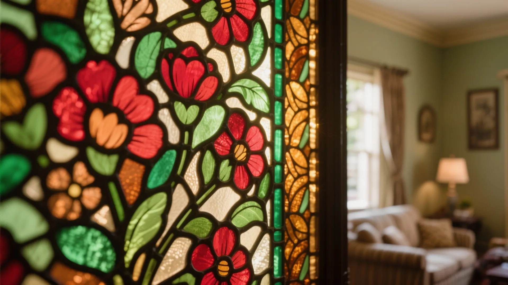 Colorful stained glass window with red flower patterns looking into a blurred classic living room