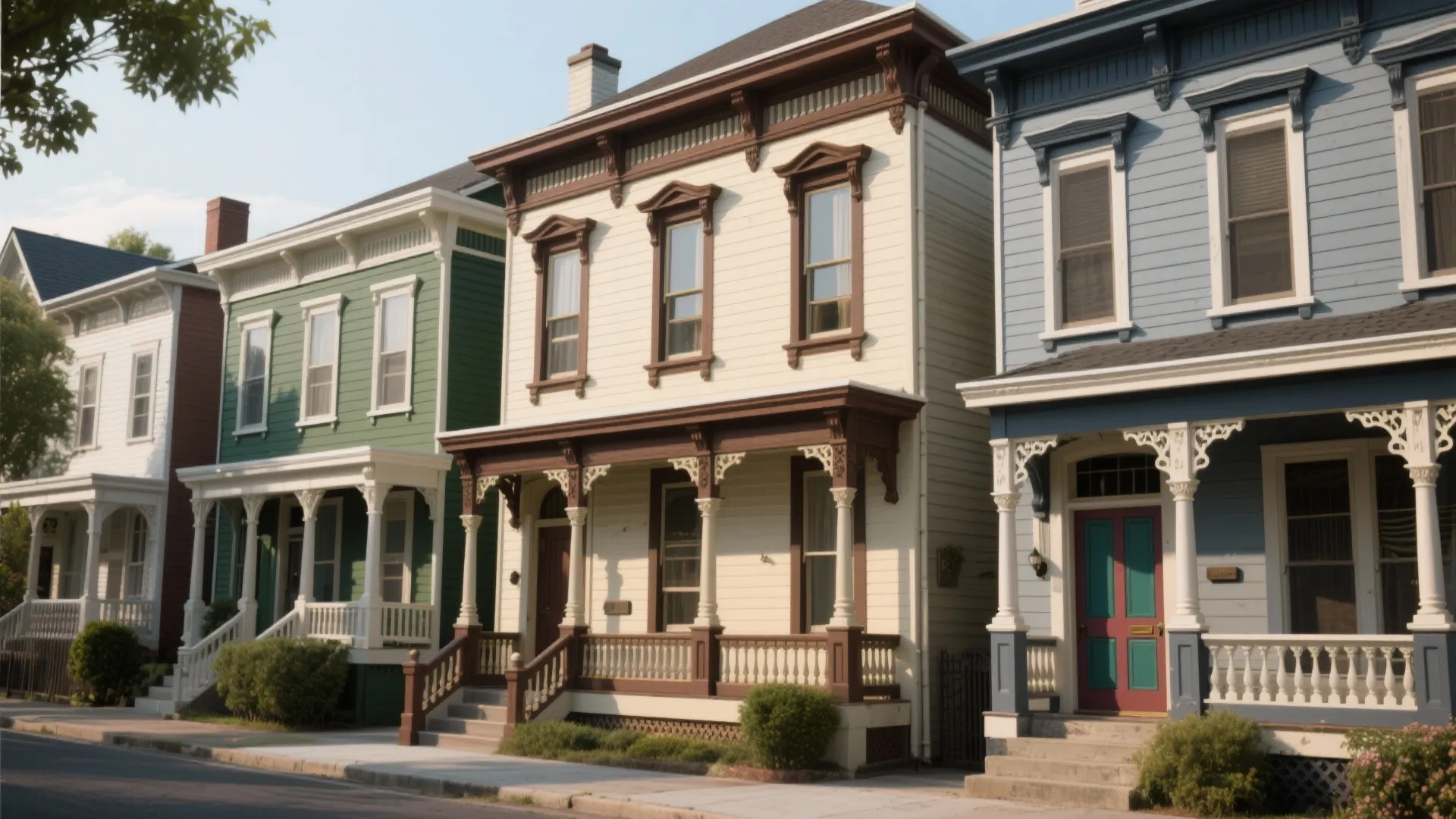 Row of colorful houses with green cream and blue paint and decorative white porch trim