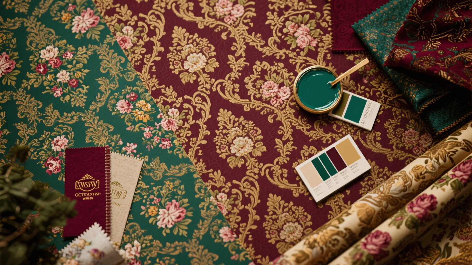 Green and red floral wallpaper samples with green paint color cards and luxury fabric material swatches