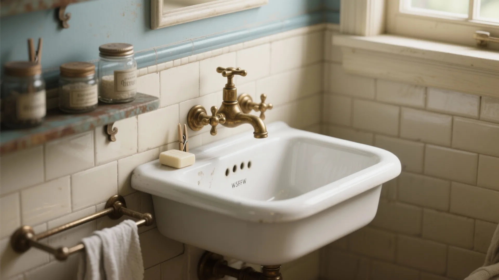 Classic white bathroom sink with brass faucet and white wall tiles plus small glass jars