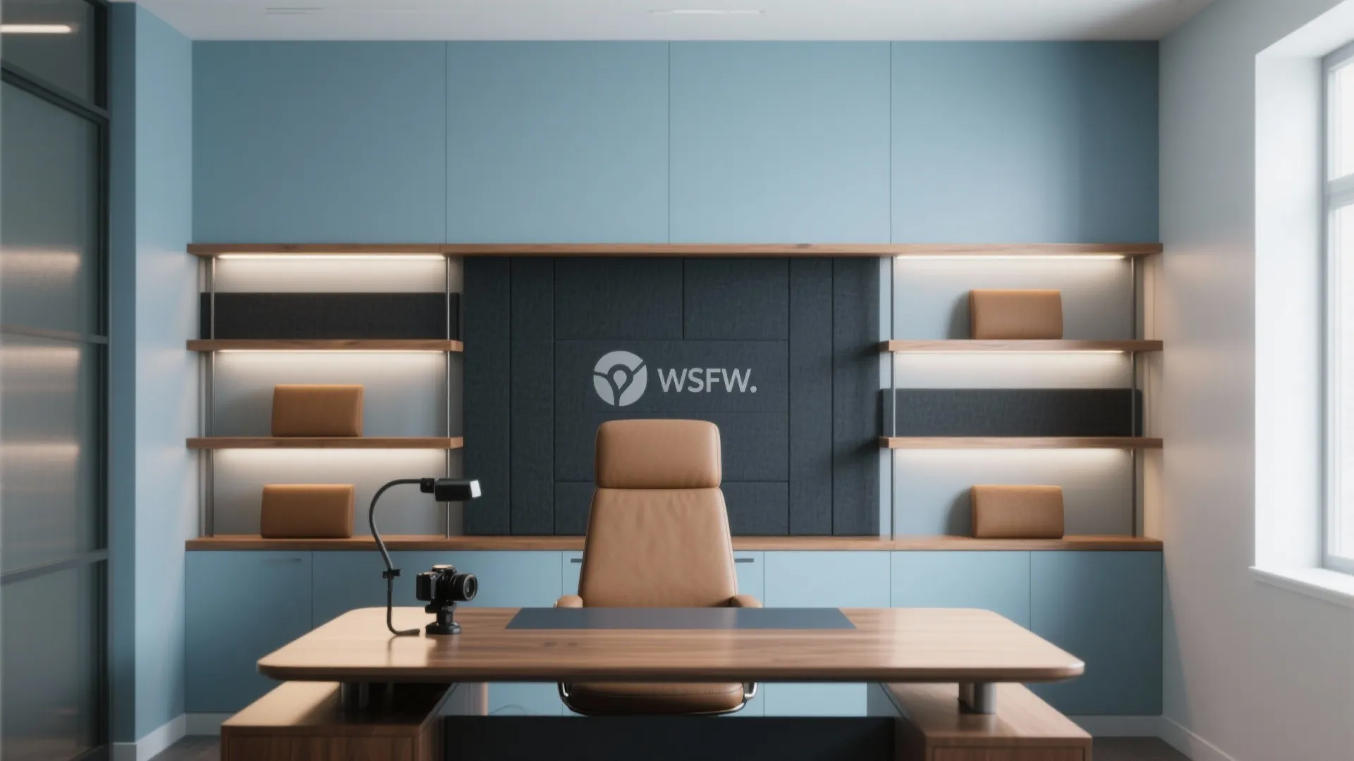 Modern home office with wood desk leather chair blue wall cabinets and lighted display shelves