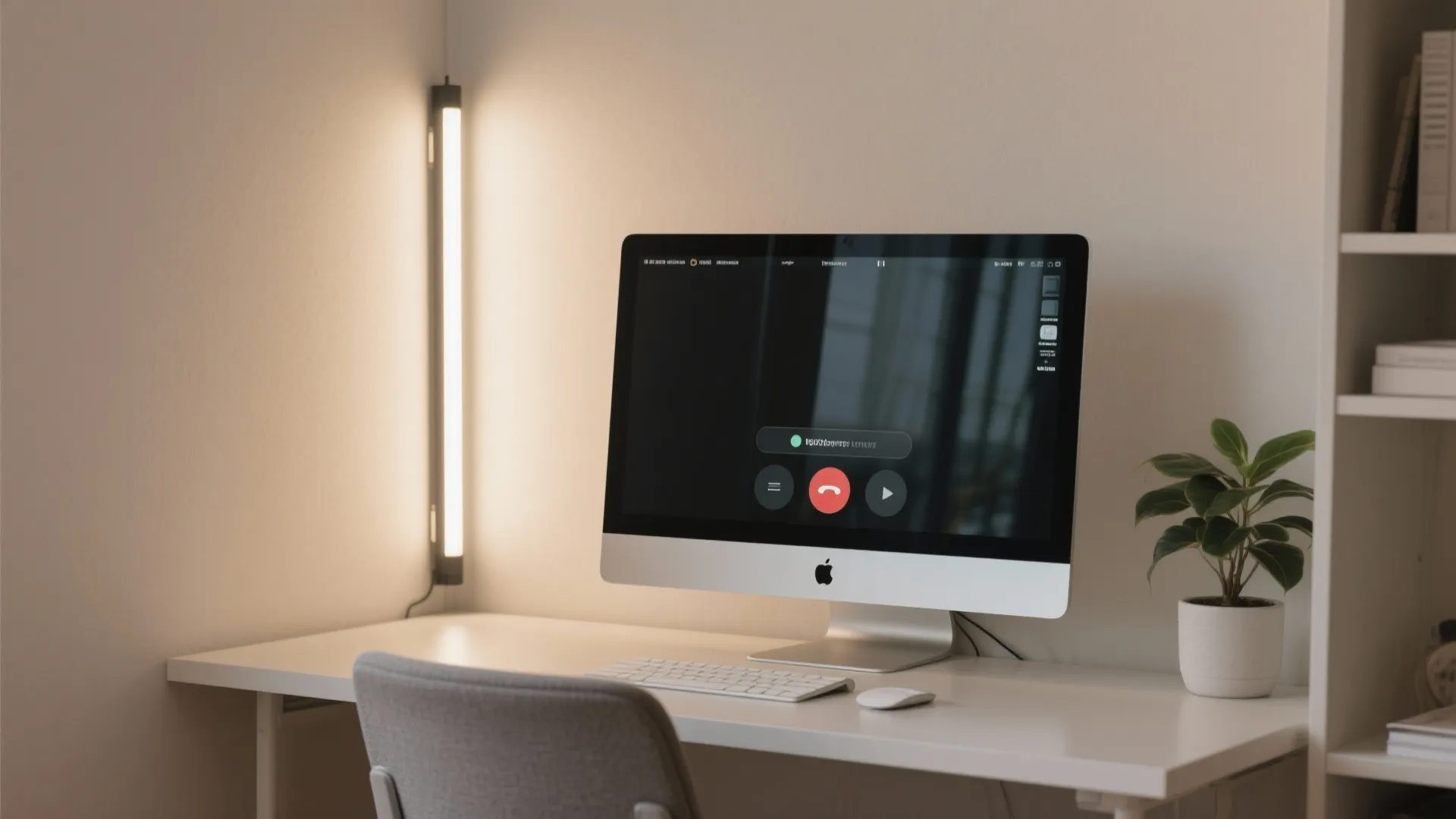 Home office with a vertical LED bar near the monitor providing soft, flattering light for video calls.