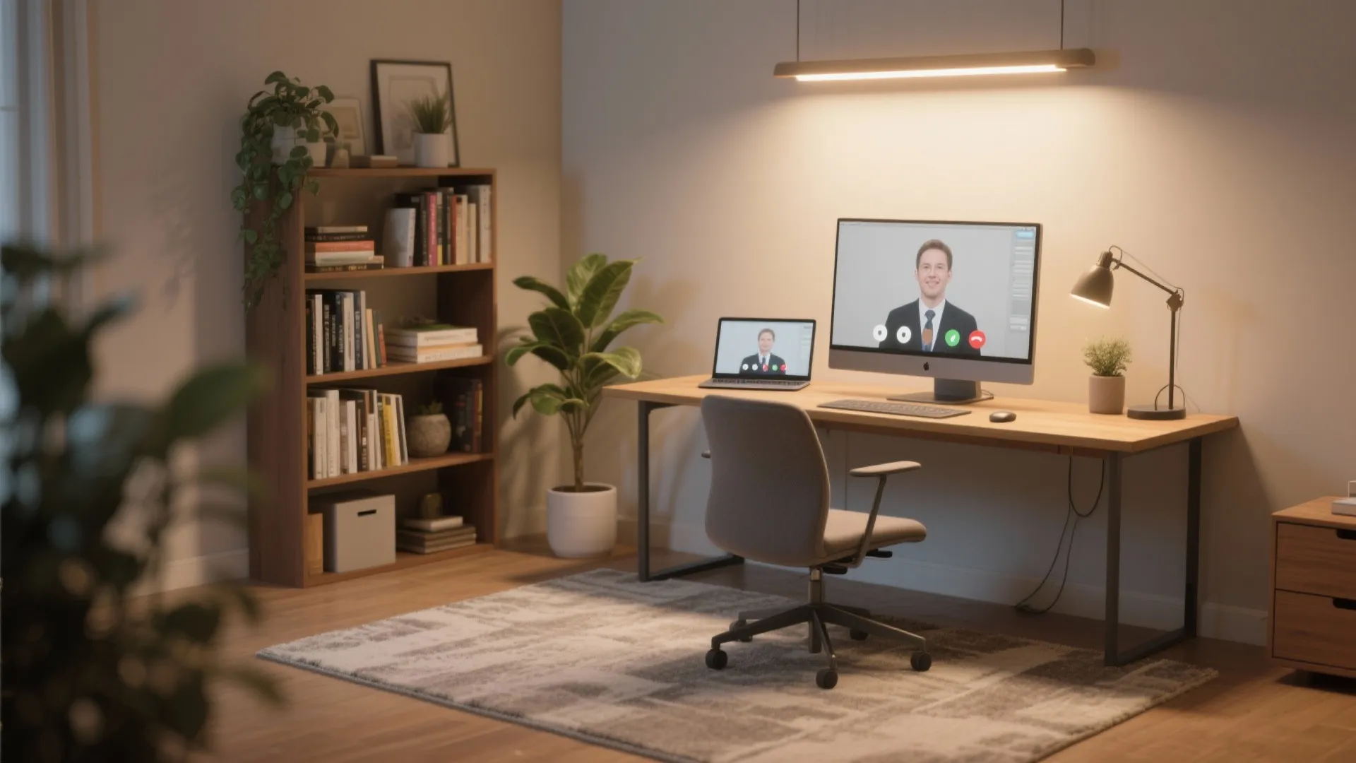 Tidy, well-lit home office corner set up professionally for video calls with a neutral backdrop and plant.