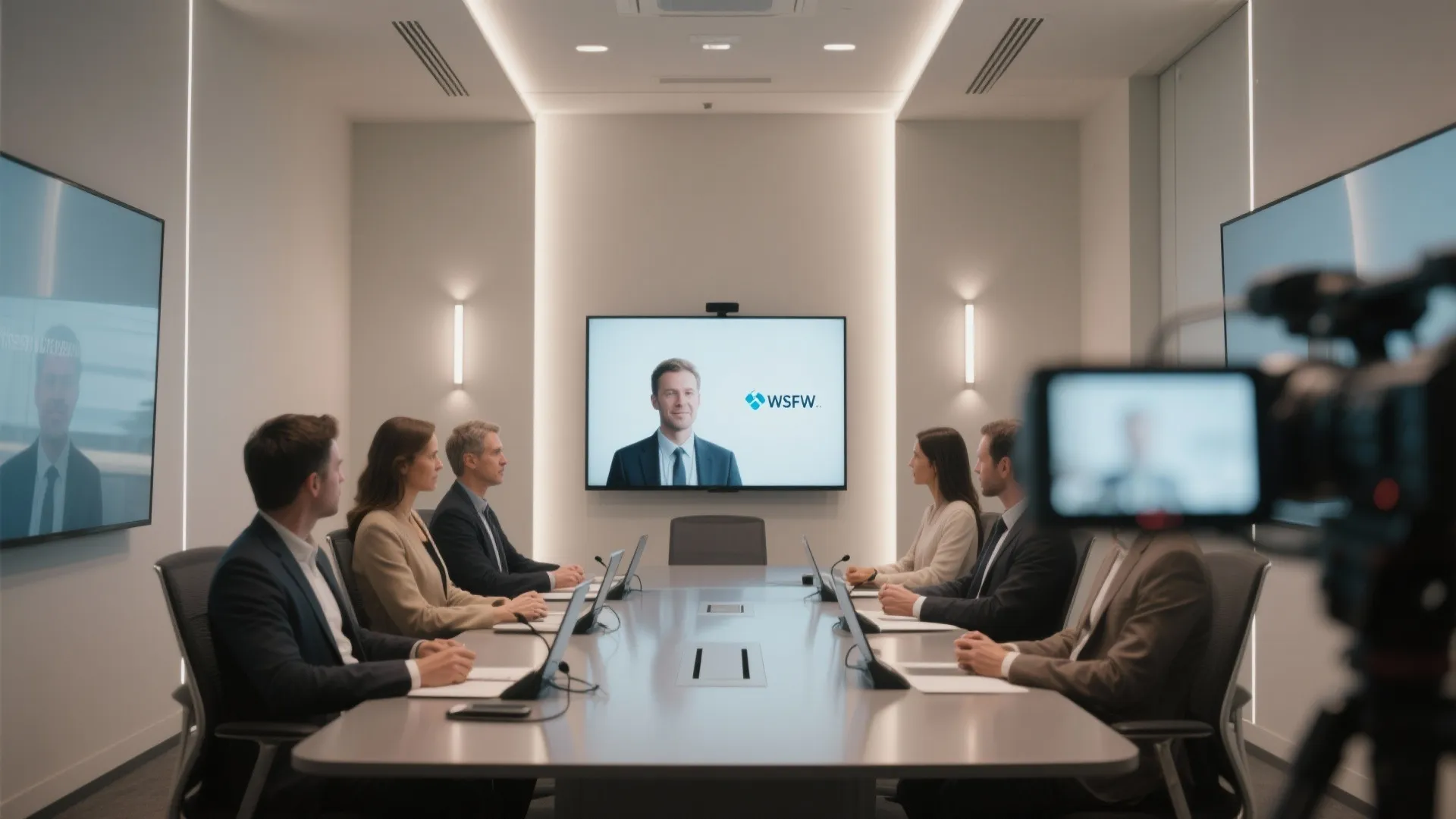 Modern conference room with people sitting at a long table during a professional video call