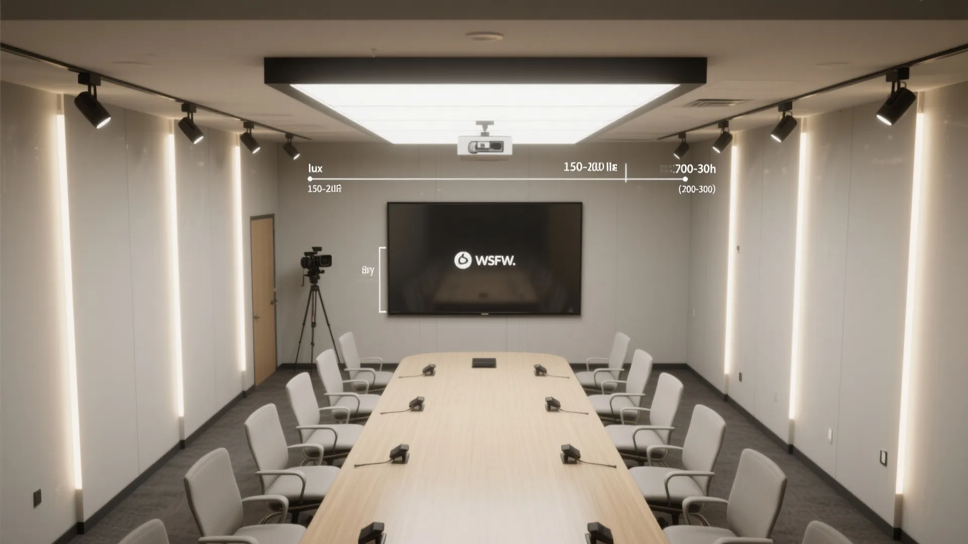 Modern meeting room lighting layout with large screen long wooden table white chairs and camera