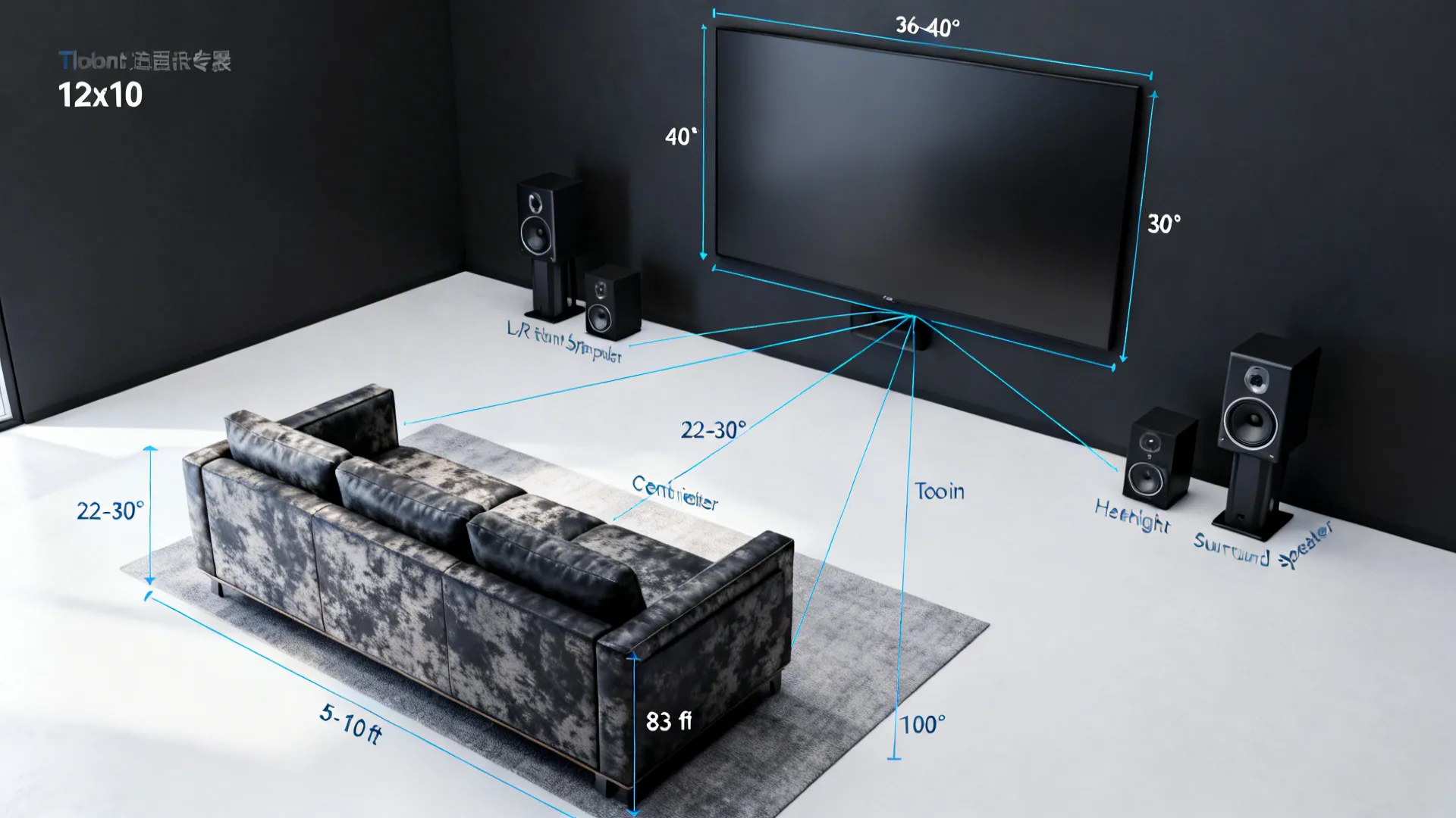 Top-down 12x10 theater layout showing viewing angle and speaker positions around an 83-inch screen.
