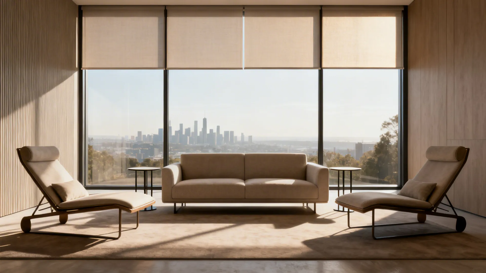 Living room seating oriented toward a large window framing a cityscape, with blinds to control glare.