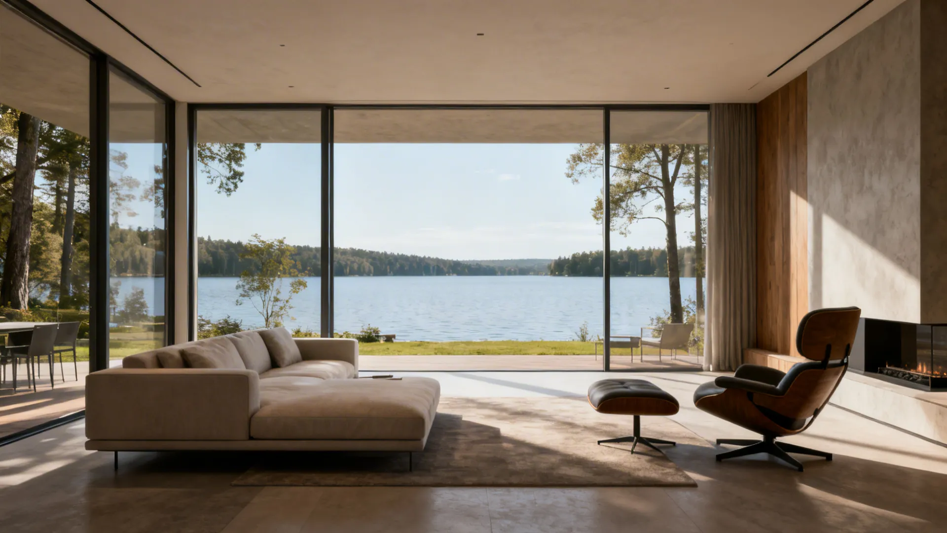 Compact living room with seating oriented toward large windows and a lake view