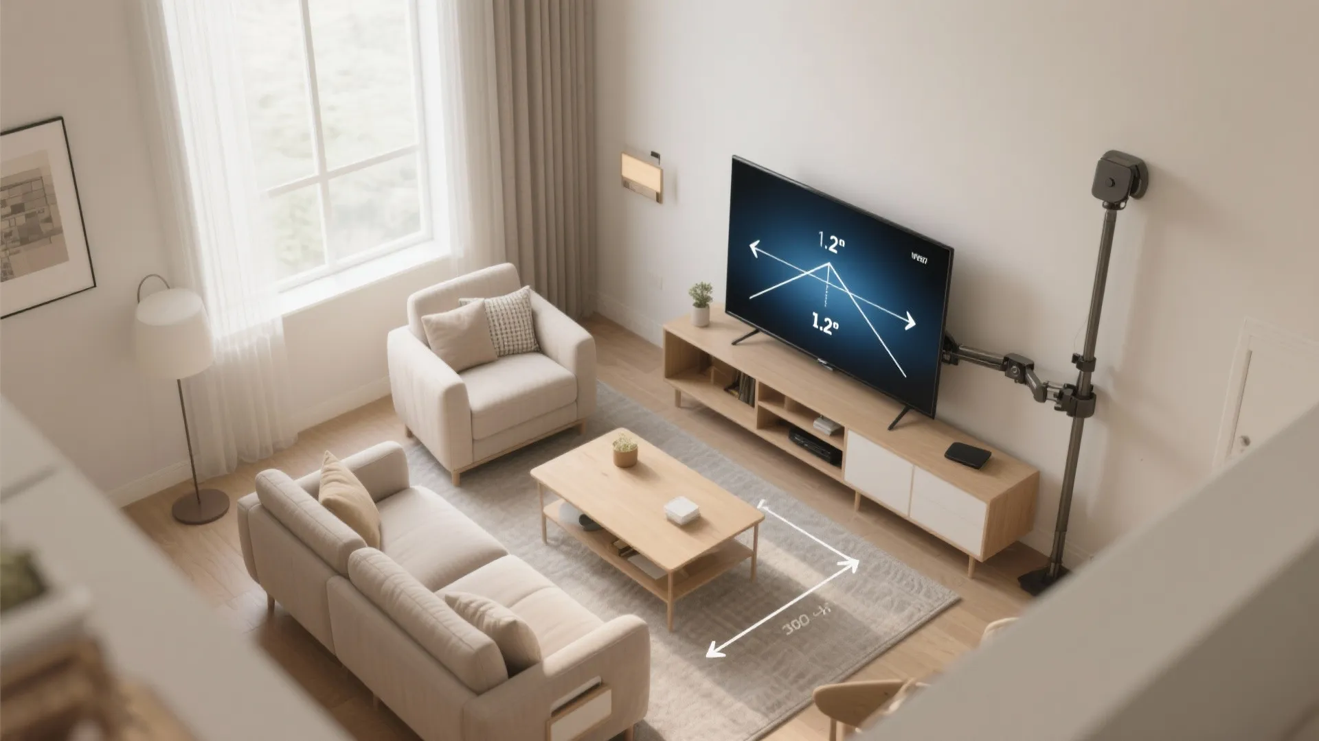 Living room interior design drawing showing television viewing angles with sofa and wooden coffee table