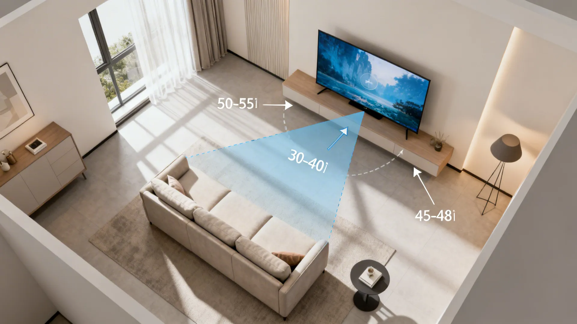 Top-down layout showing sofa, TV, viewing cone, and eye-level screen height in a small room.