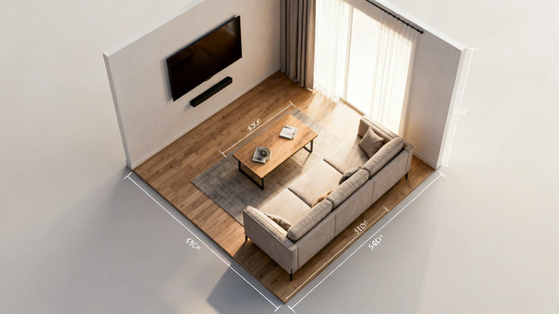 Top-down living room mockup showing seating-to-TV viewing distance