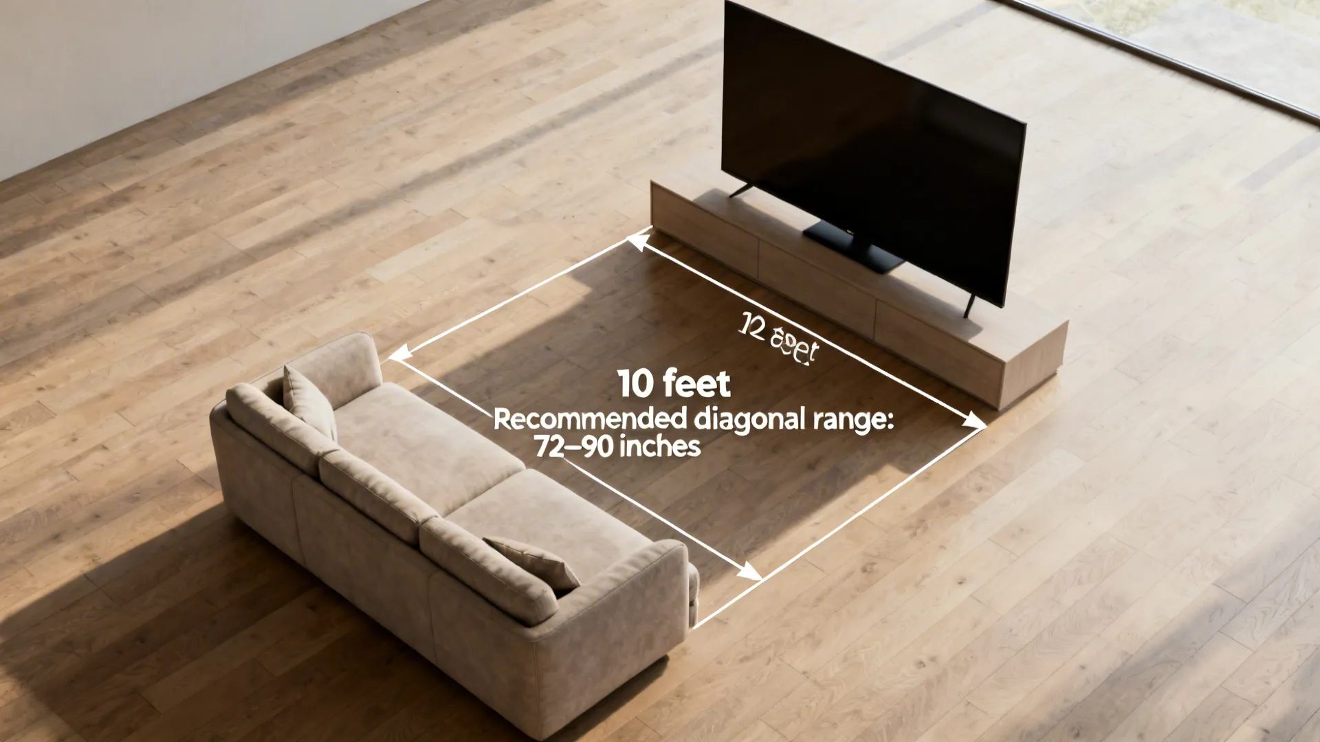 Top-down layout showing sofa to TV viewing distance and recommended TV diagonal range.
