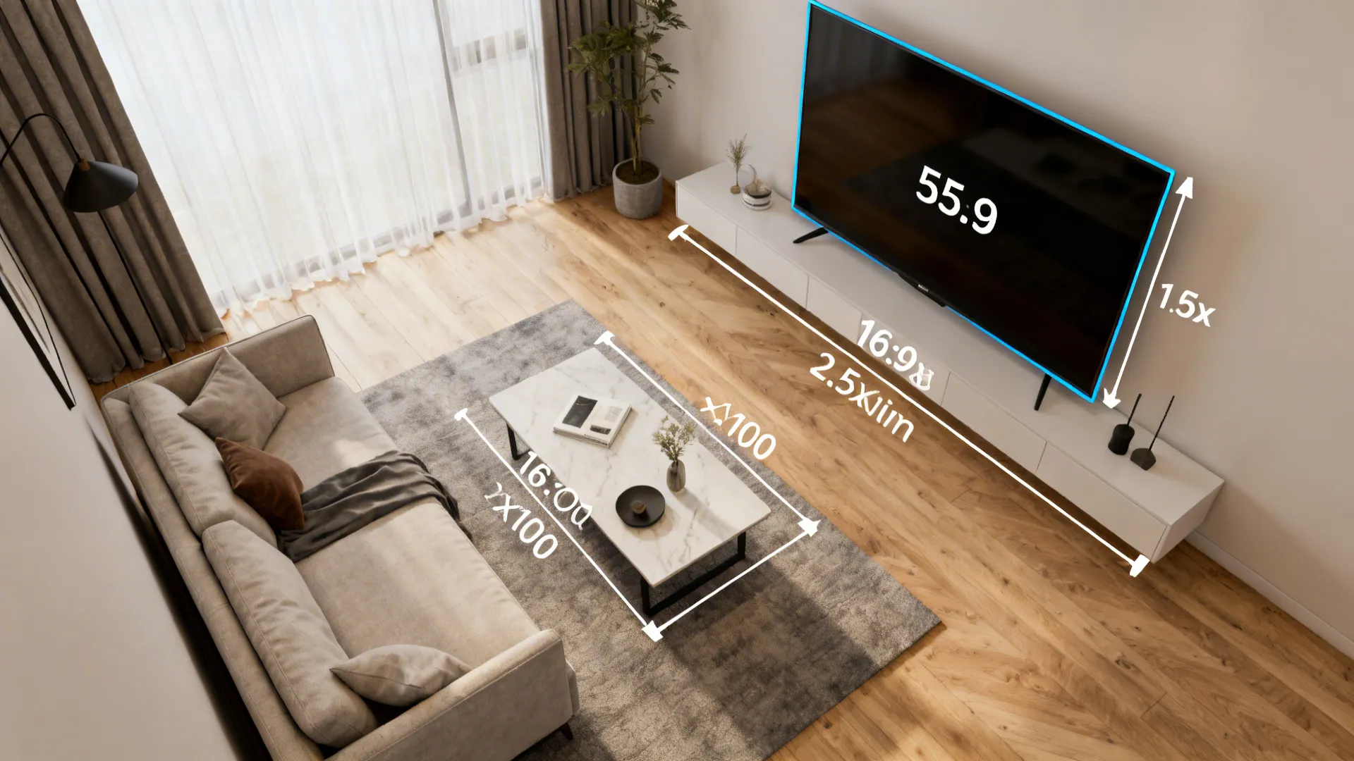 Top-down floorplan of a small living room showing sofa-to-TV viewing distance guidelines.