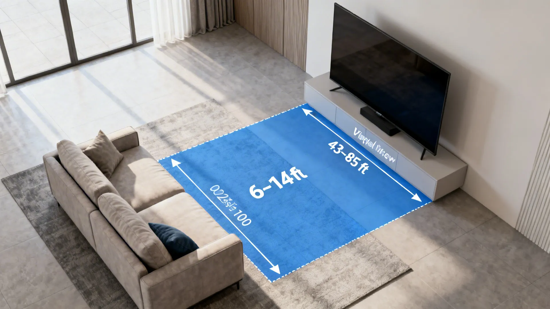Top-down floor plan showing viewing distances and recommended TV diagonals for 4K resolution.