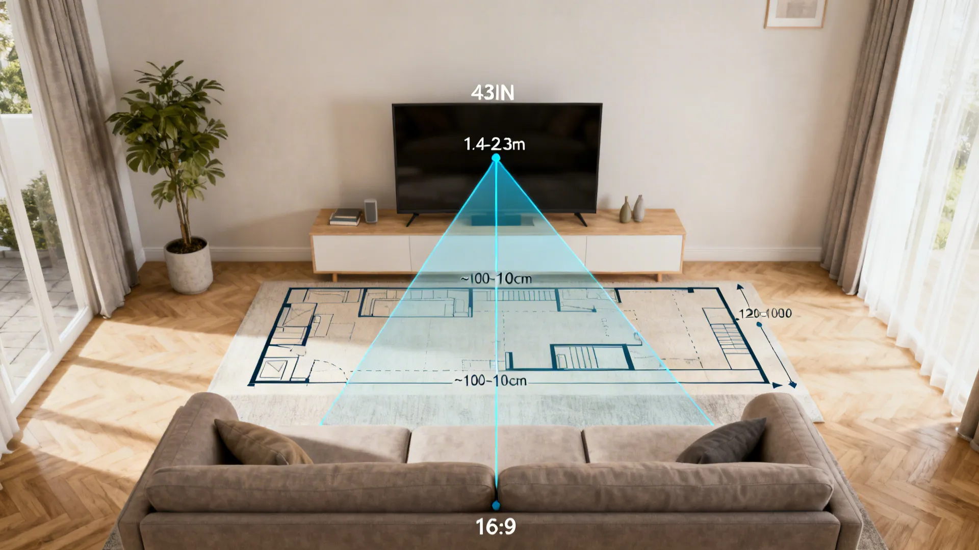 Top-down and eye-level view showing optimal viewing distance and TV center height in a small living room