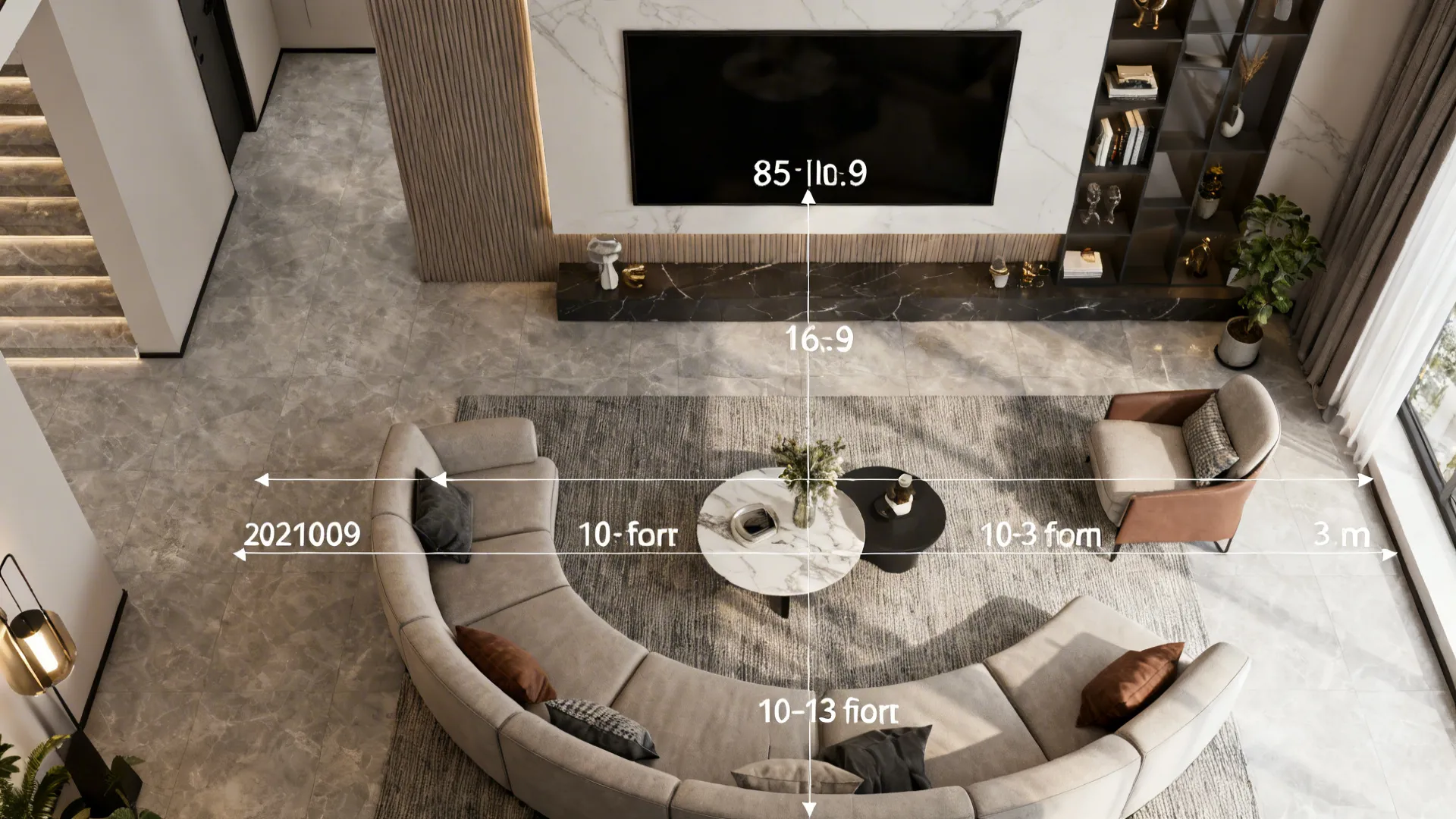 Top-down layout showing seating and measured viewing distances for an 85-inch TV.