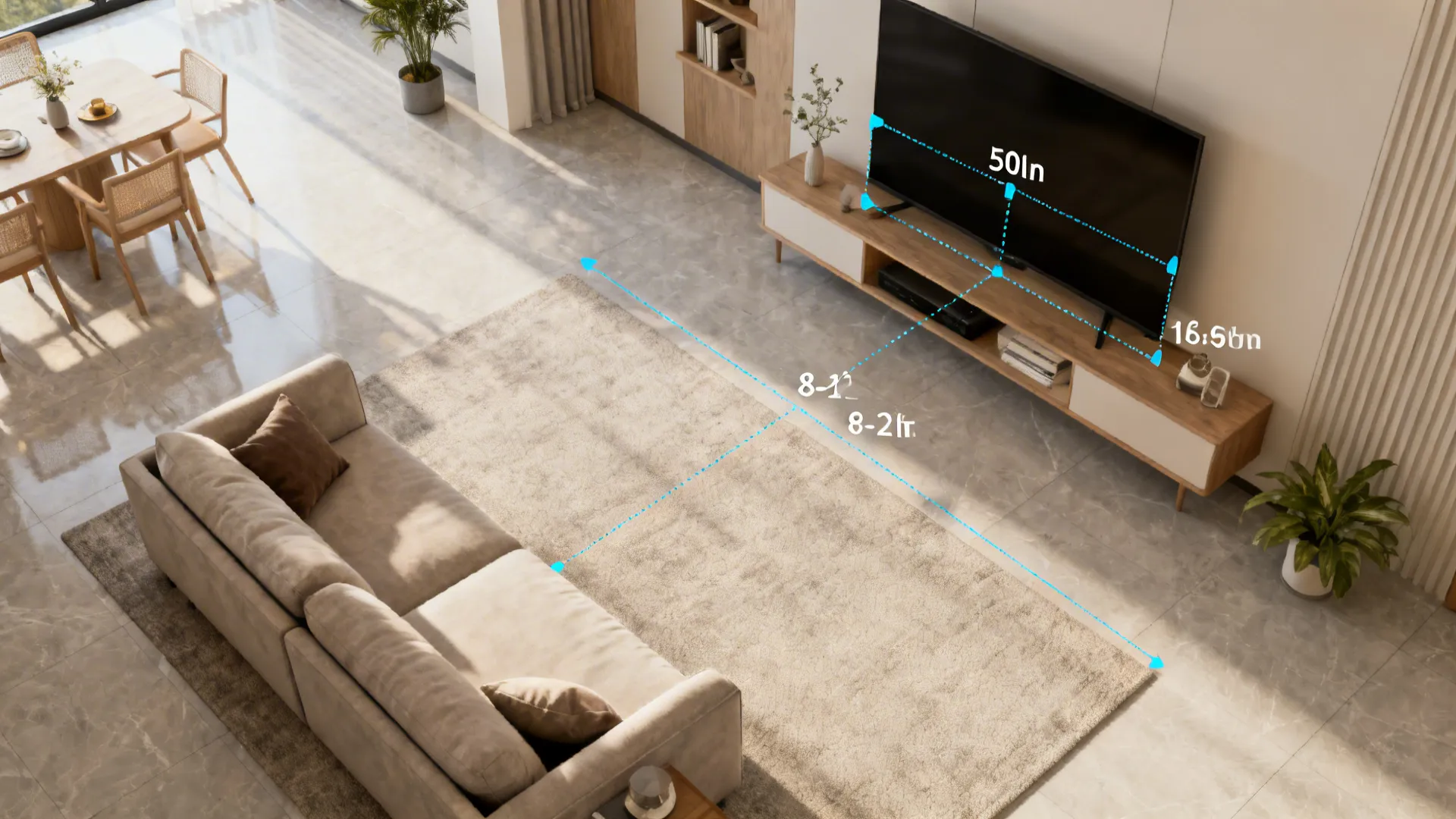 Top-down living room layout showing ideal viewing distances and sightlines for a 50 inch TV.
